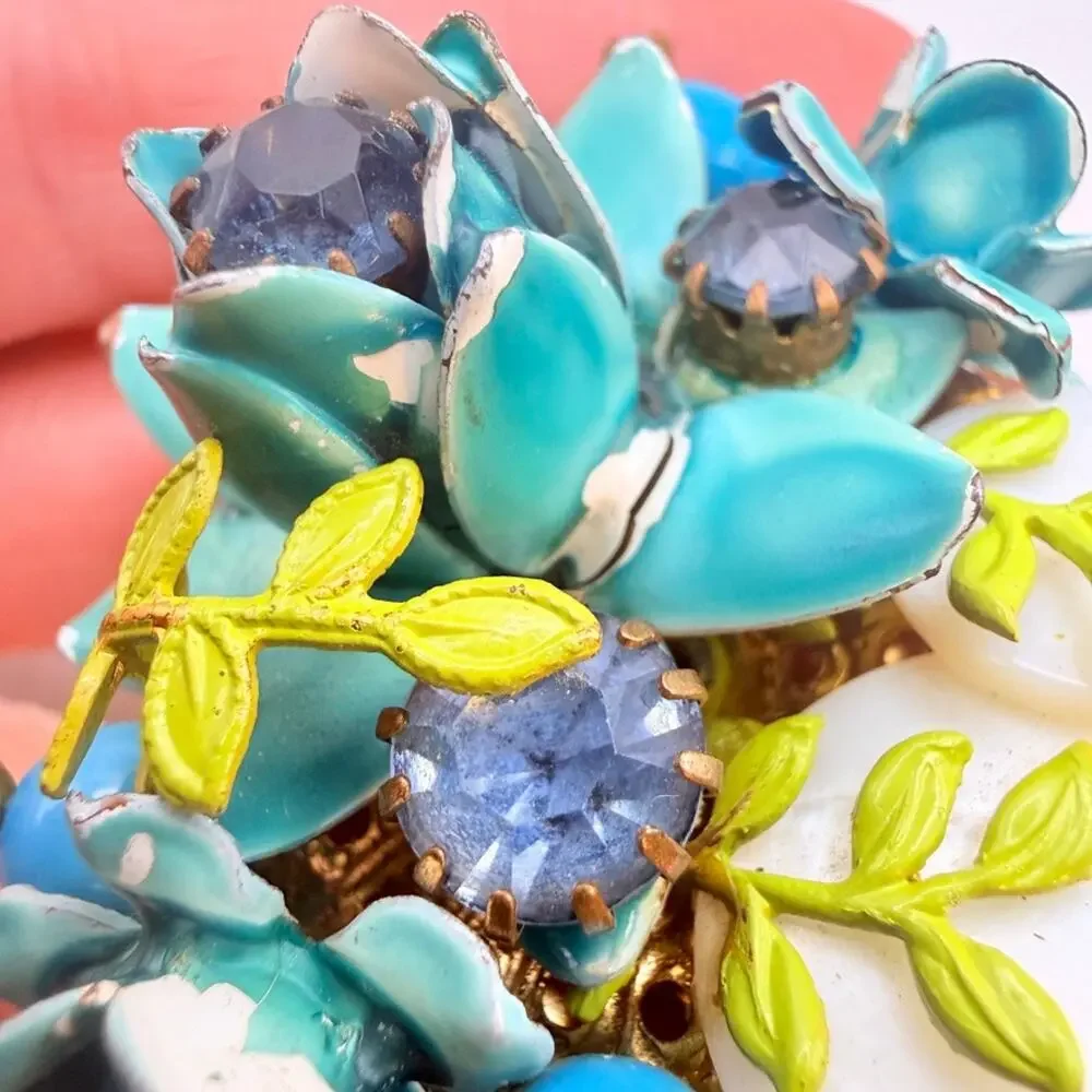 Vintage Enamel Flower Cluster Brooch Turquoise Blue Rhinestone MOP Pin